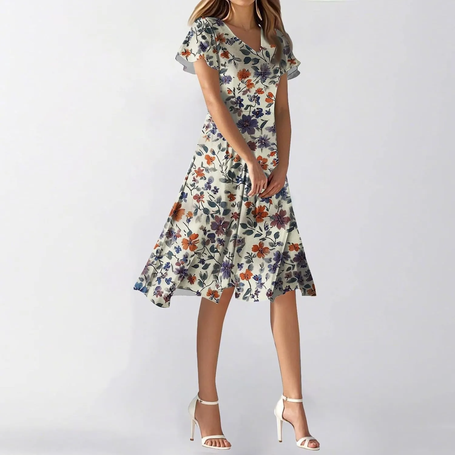 2025 Summer Dresses for Womencasualflowyelegant Wedding Dress Ruffle Short Sleeve Floral Dresses Midi Chiffon Dress