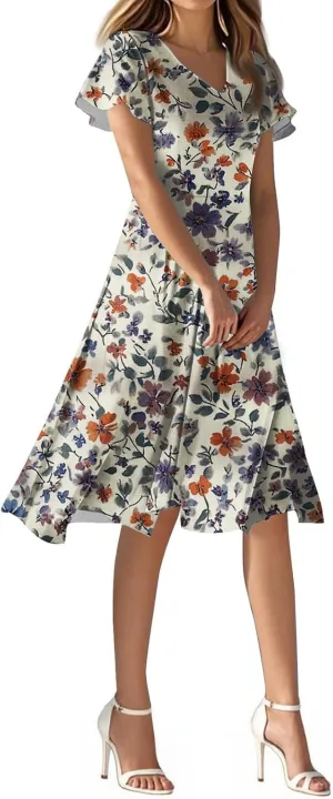 2025 Summer Dresses for Womencasualflowyelegant Wedding Dress Ruffle Short Sleeve Floral Dresses Midi Chiffon Dress