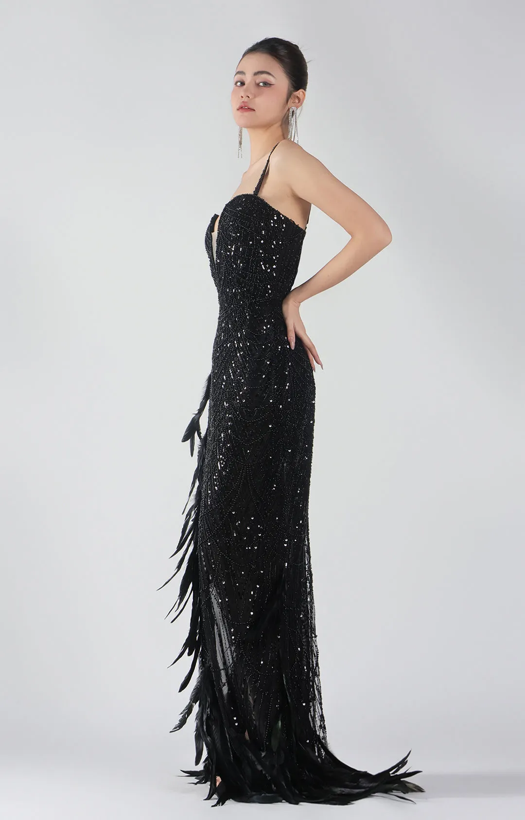 Adjustable Straps Beading and Sequins High Slit Feather Dresses