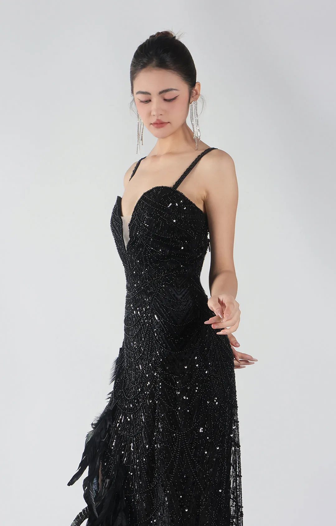 Adjustable Straps Beading and Sequins High Slit Feather Dresses