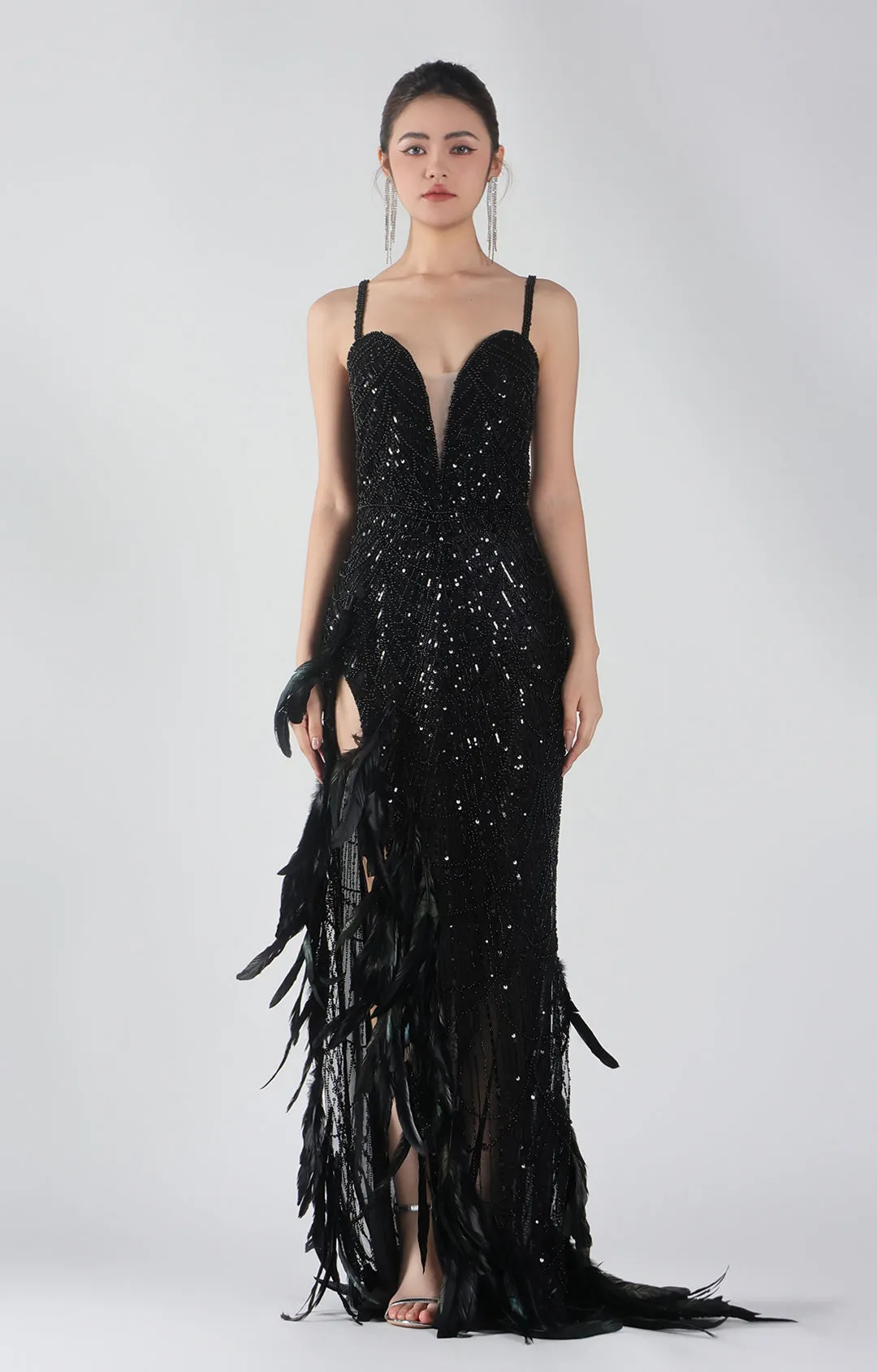 Adjustable Straps Beading and Sequins High Slit Feather Dresses