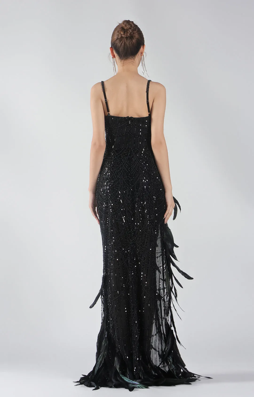Adjustable Straps Beading and Sequins High Slit Feather Dresses