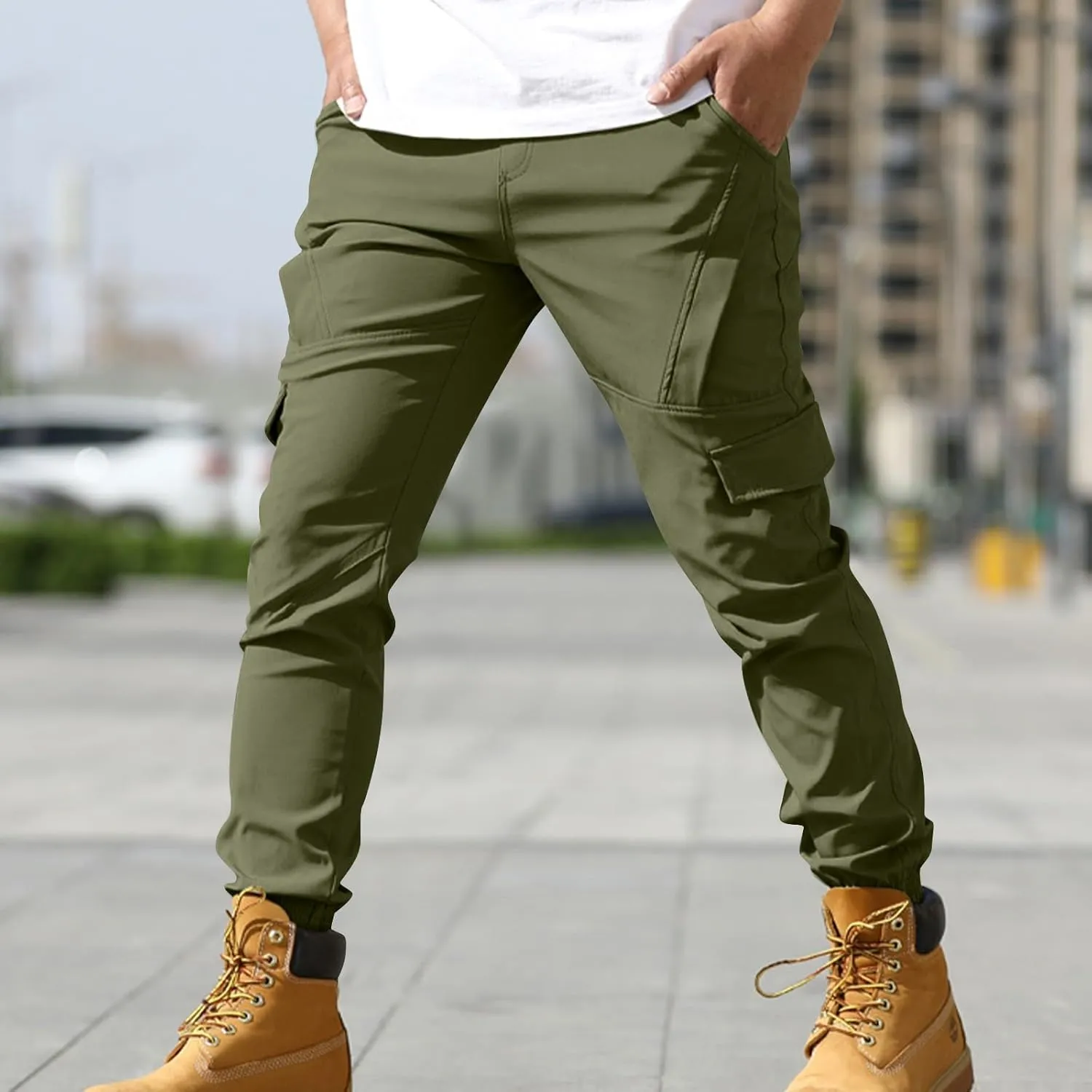 Aymnlox Mens Casual Cargo Pants Baggy Solid Slim Fit Joggers Sweatpants Outdoor Hiking Athletic Gym Trouser with Multi Pocket