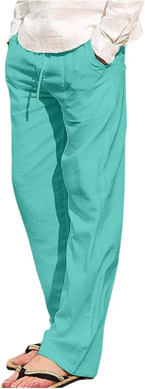 Aymnlox Mens Fall Casual Pants Cotton Linen Baggy Solid Trousers Big and Tall Straight Leg Sweatpants Drawstring Waist Pants