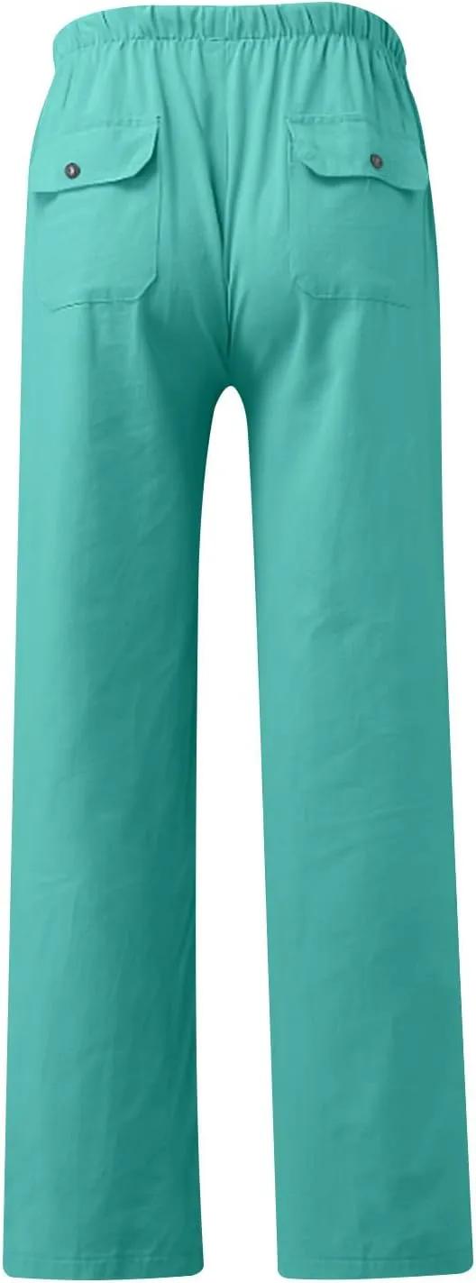 Aymnlox Mens Fall Casual Pants Cotton Linen Baggy Solid Trousers Big and Tall Straight Leg Sweatpants Drawstring Waist Pants