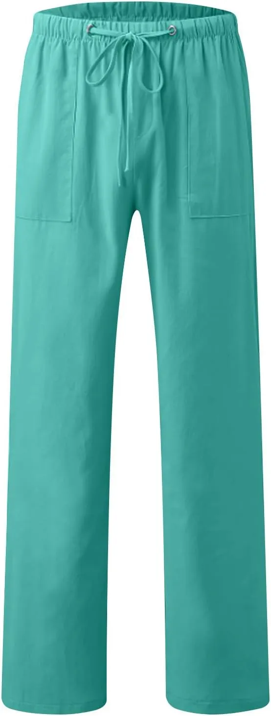 Aymnlox Mens Fall Casual Pants Cotton Linen Baggy Solid Trousers Big and Tall Straight Leg Sweatpants Drawstring Waist Pants