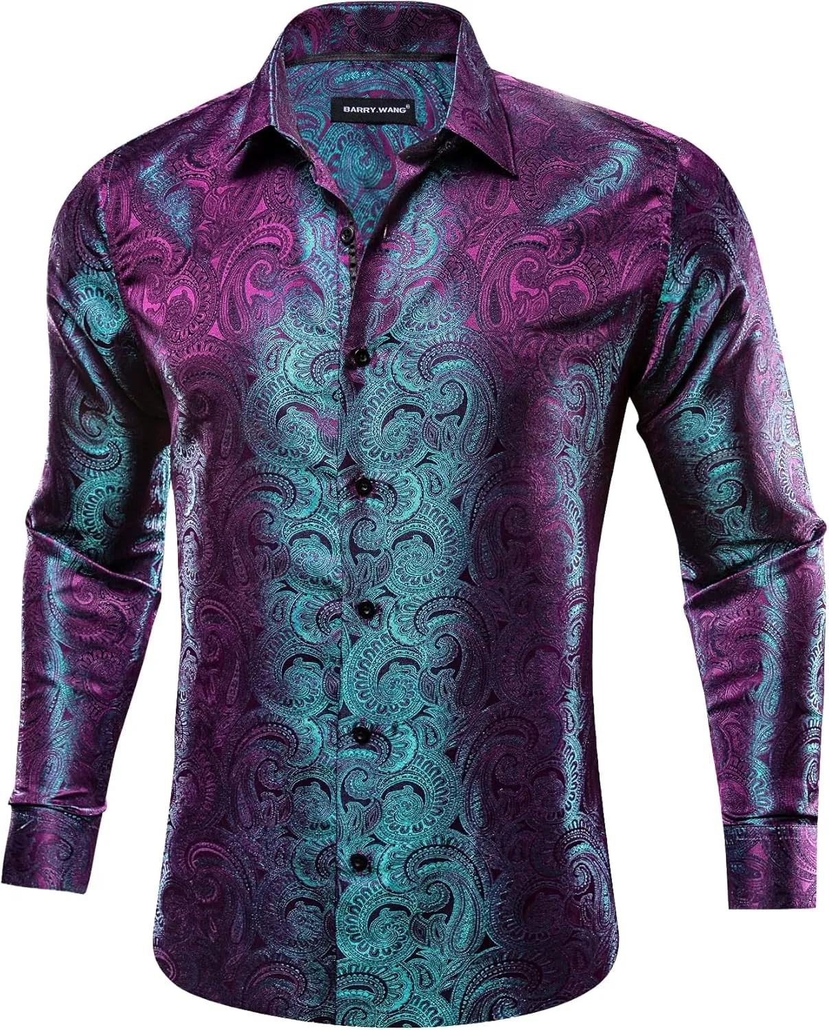 Barry.Wang Men Dress Shirts Paisley 70s Disco Shirt Button Down Silk Long Sleeve Tops for Wedding/Prom/Party/Nightclub