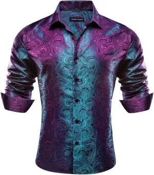 Barry.Wang Men Dress Shirts Paisley 70s Disco Shirt Button Down Silk Long Sleeve Tops for Wedding/Prom/Party/Nightclub