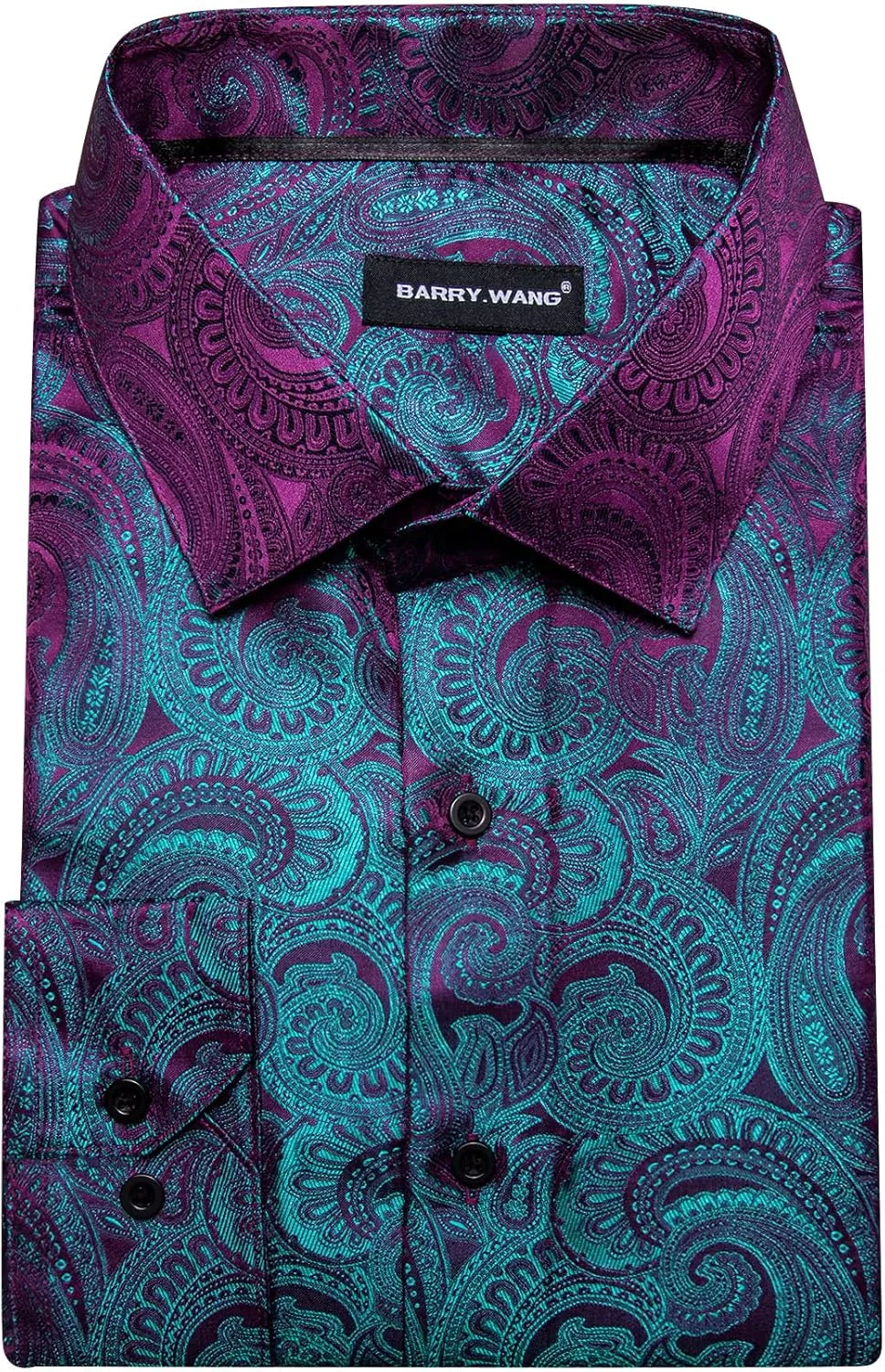 Barry.Wang Men Dress Shirts Paisley 70s Disco Shirt Button Down Silk Long Sleeve Tops for Wedding/Prom/Party/Nightclub