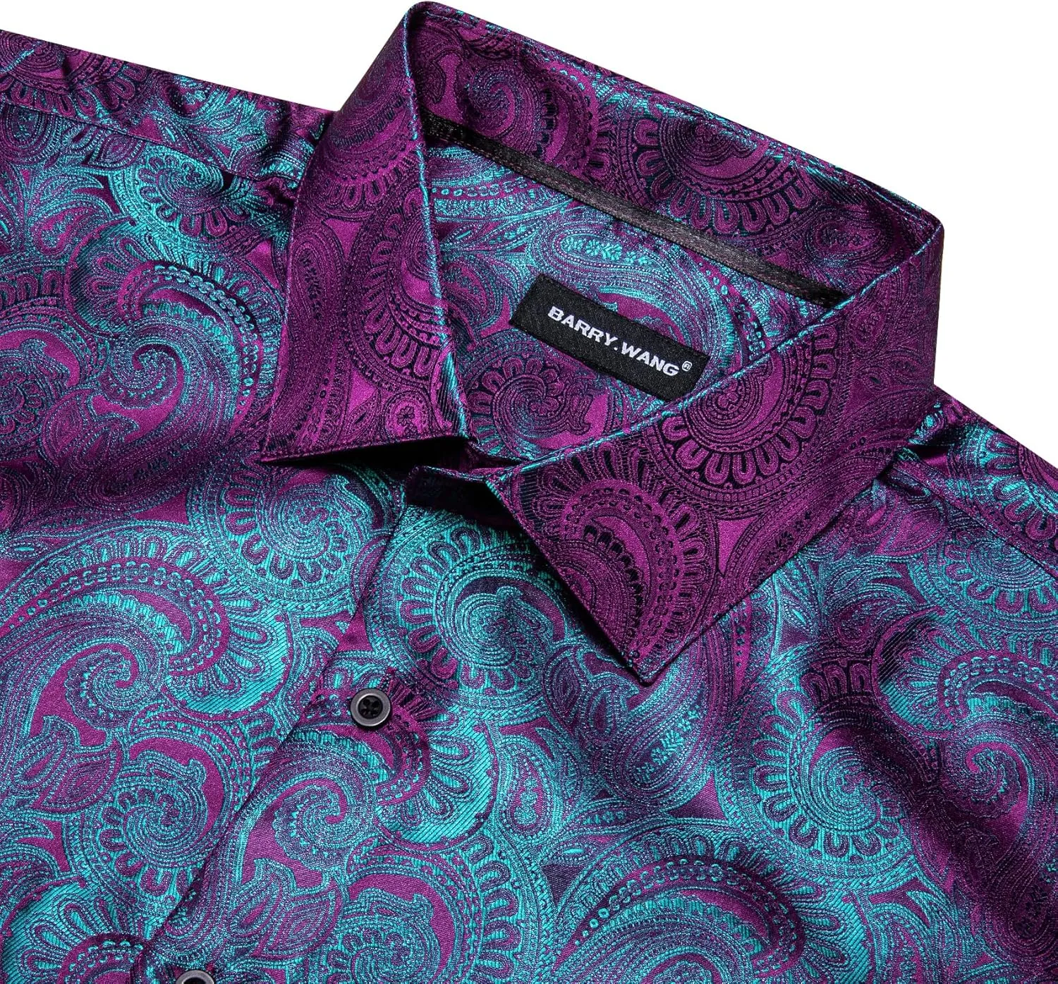 Barry.Wang Men Dress Shirts Paisley 70s Disco Shirt Button Down Silk Long Sleeve Tops for Wedding/Prom/Party/Nightclub