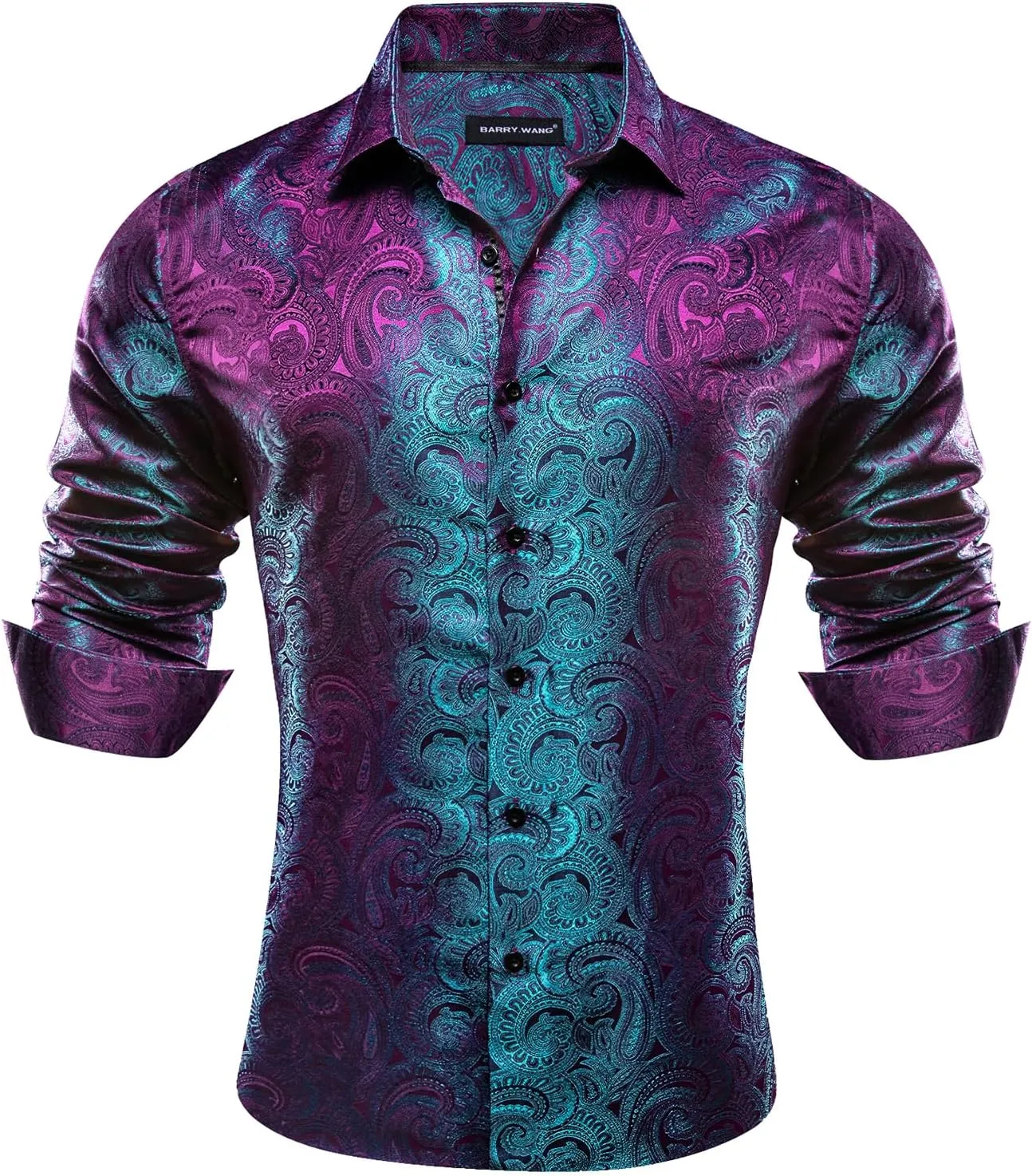 Barry.Wang Men Dress Shirts Paisley 70s Disco Shirt Button Down Silk Long Sleeve Tops for Wedding/Prom/Party/Nightclub