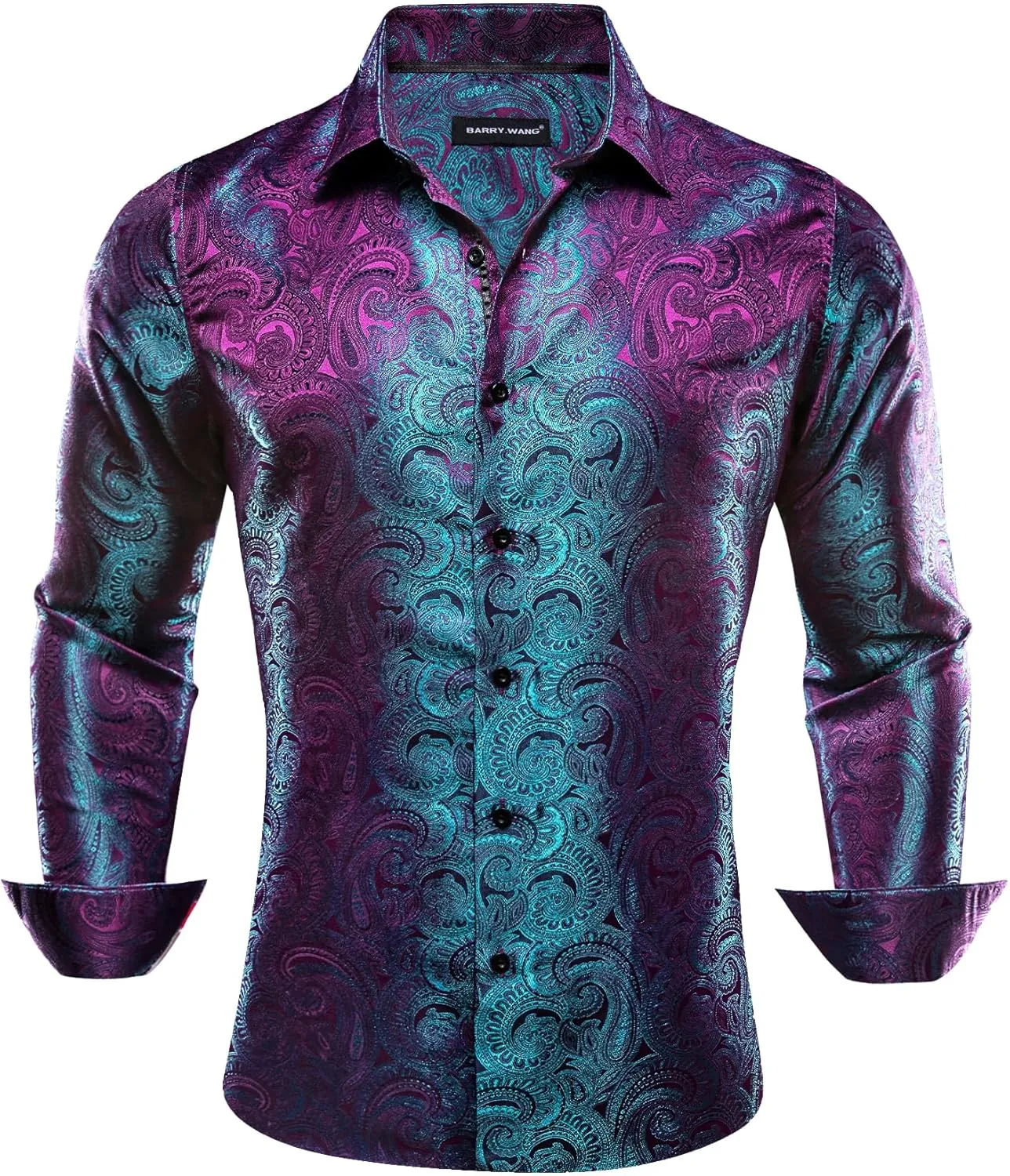 Barry.Wang Men Dress Shirts Paisley 70s Disco Shirt Button Down Silk Long Sleeve Tops for Wedding/Prom/Party/Nightclub