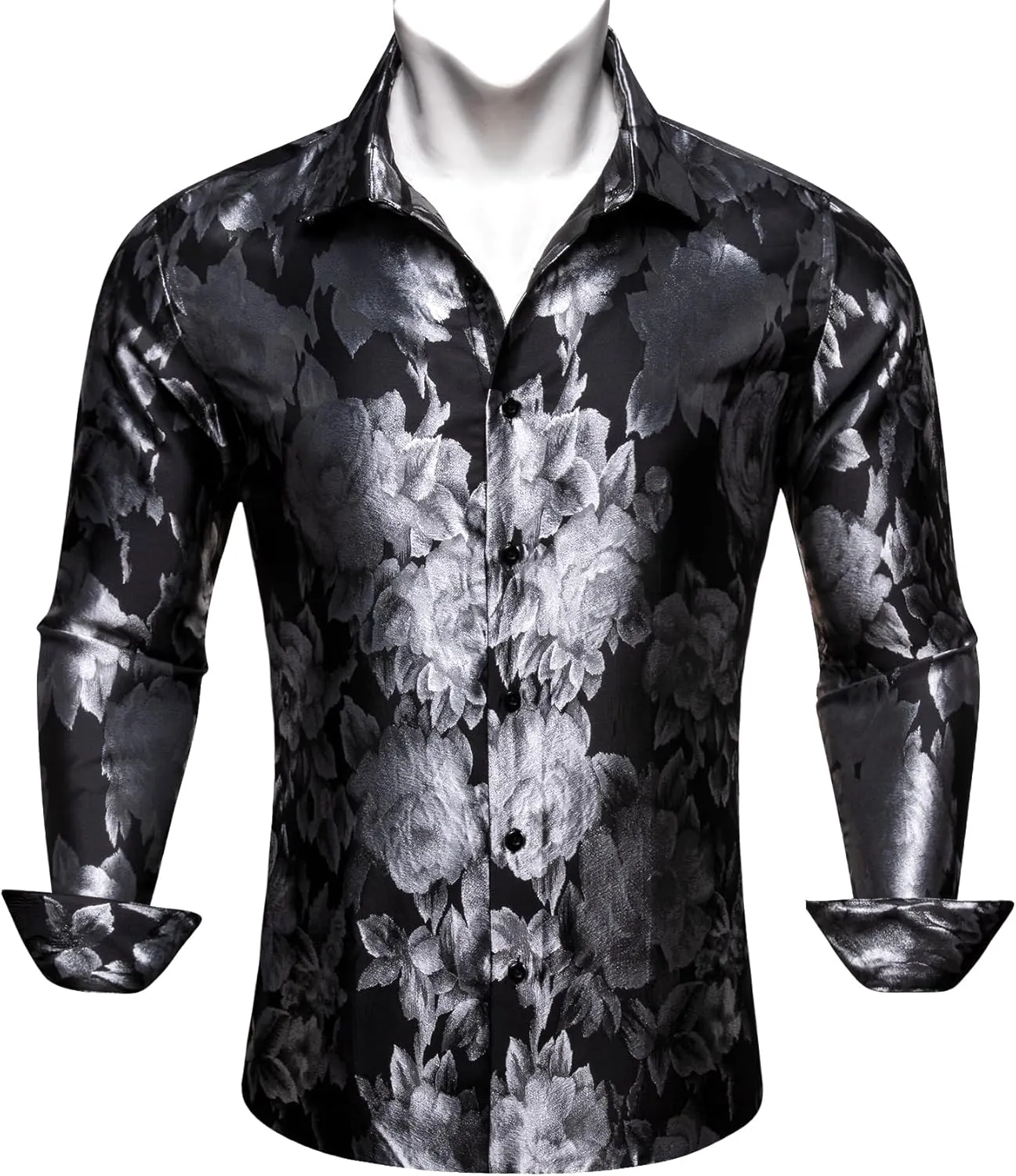 Barry.Wang Men's Silk Shirts Button Down Dress Shirt for Men Satin Paisley Floral Long Sleeve Cowboy Casual Mexico Shirts