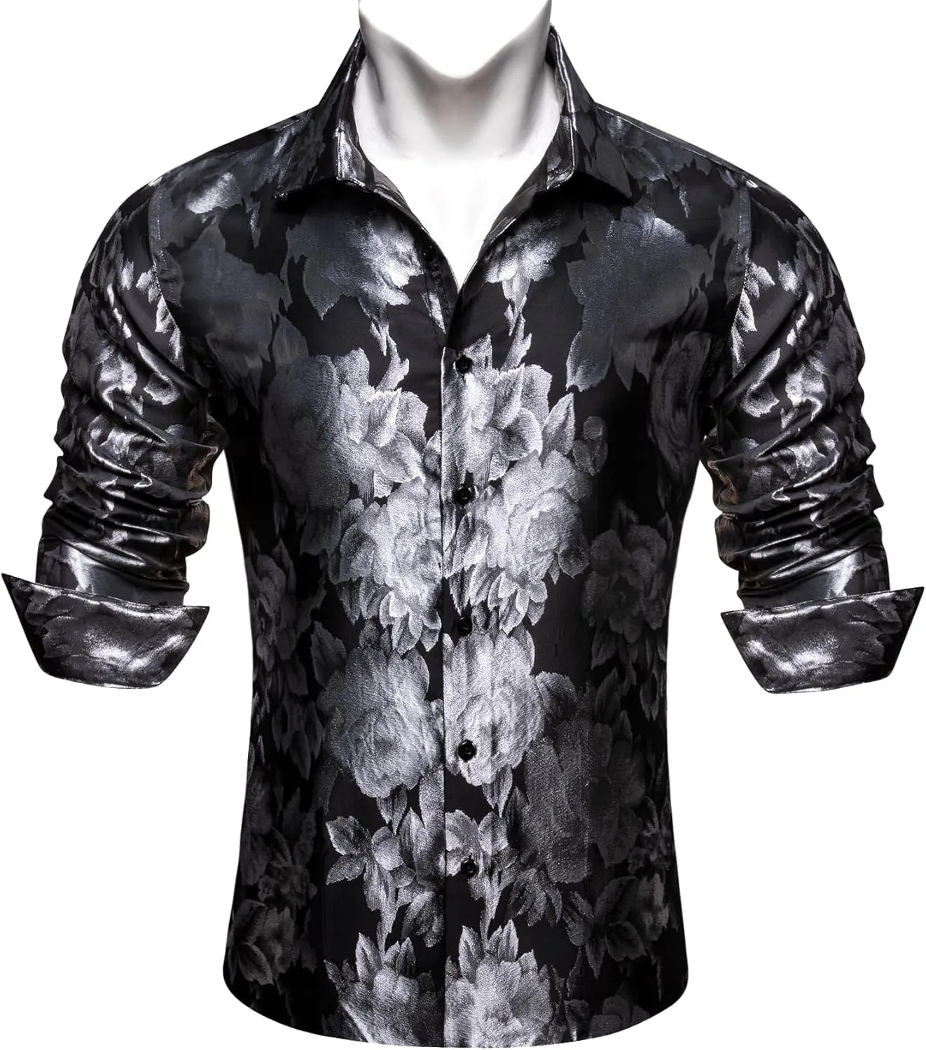 Barry.Wang Men's Silk Shirts Button Down Dress Shirt for Men Satin Paisley Floral Long Sleeve Cowboy Casual Mexico Shirts