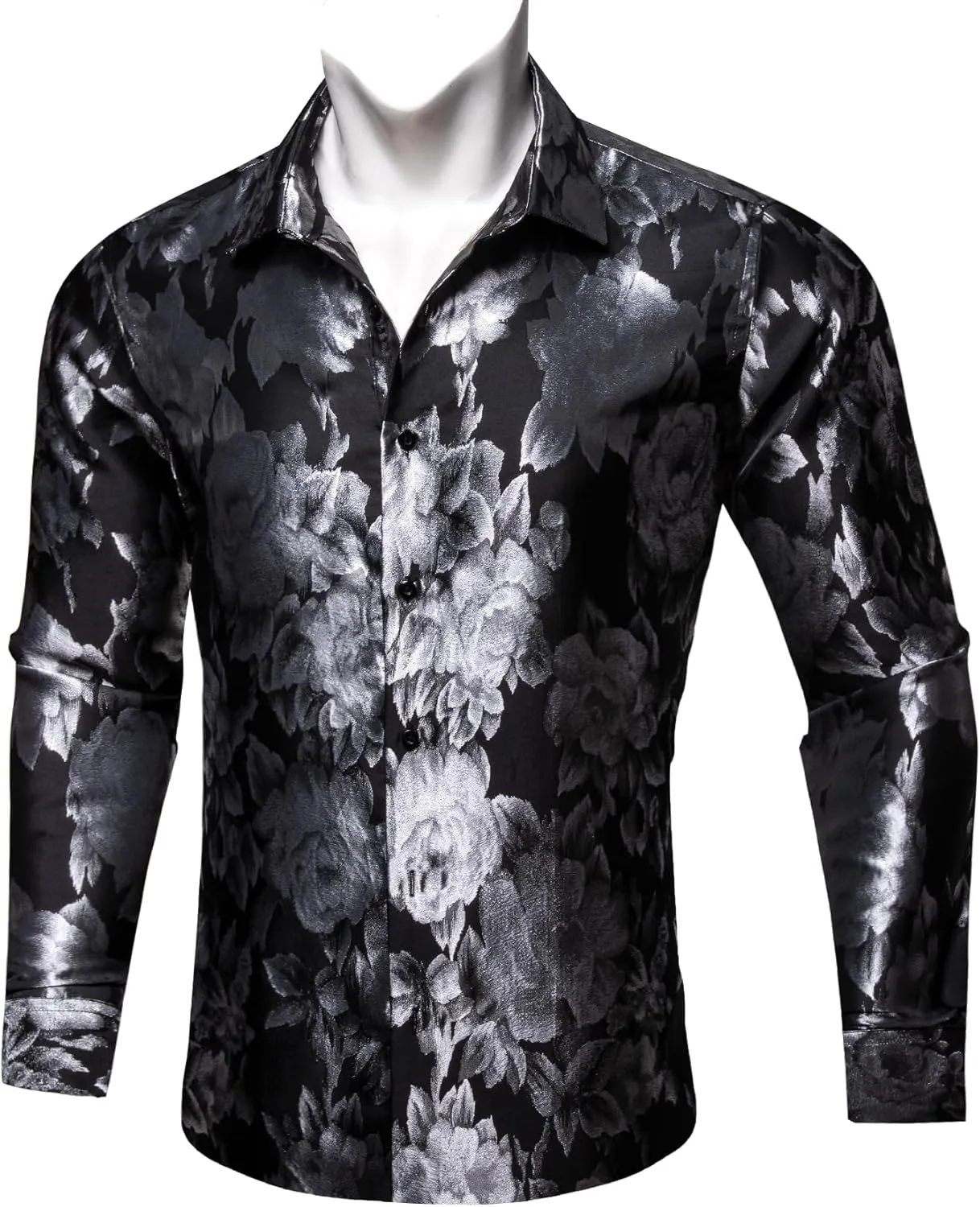 Barry.Wang Men's Silk Shirts Button Down Dress Shirt for Men Satin Paisley Floral Long Sleeve Cowboy Casual Mexico Shirts