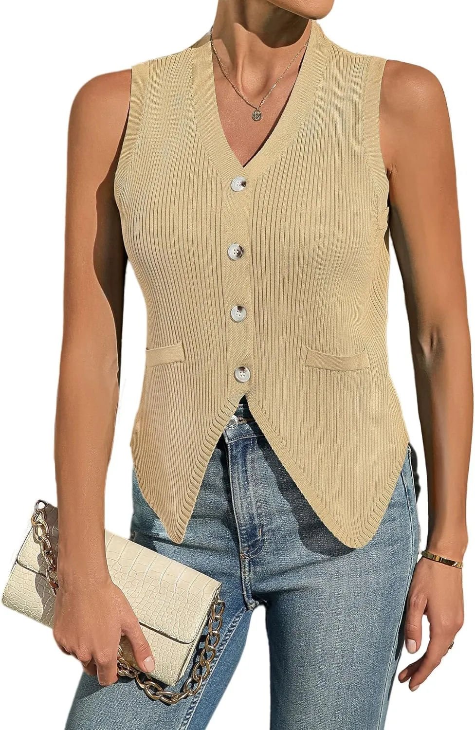 BB&KK Womens Sweater Vest Sleeveless Knit V Neck Button Fashion Casual Loose Spring Summer Waistcoat Cardigan