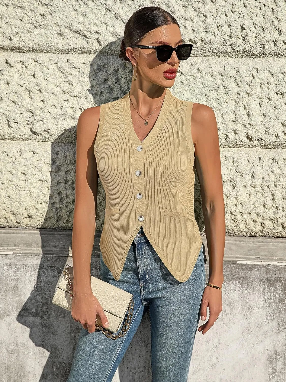 BB&KK Womens Sweater Vest Sleeveless Knit V Neck Button Fashion Casual Loose Spring Summer Waistcoat Cardigan