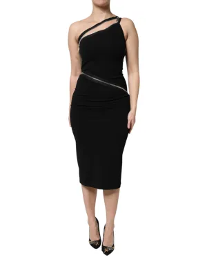 Black Viscose One Shoulder Zipper Sheath Dress