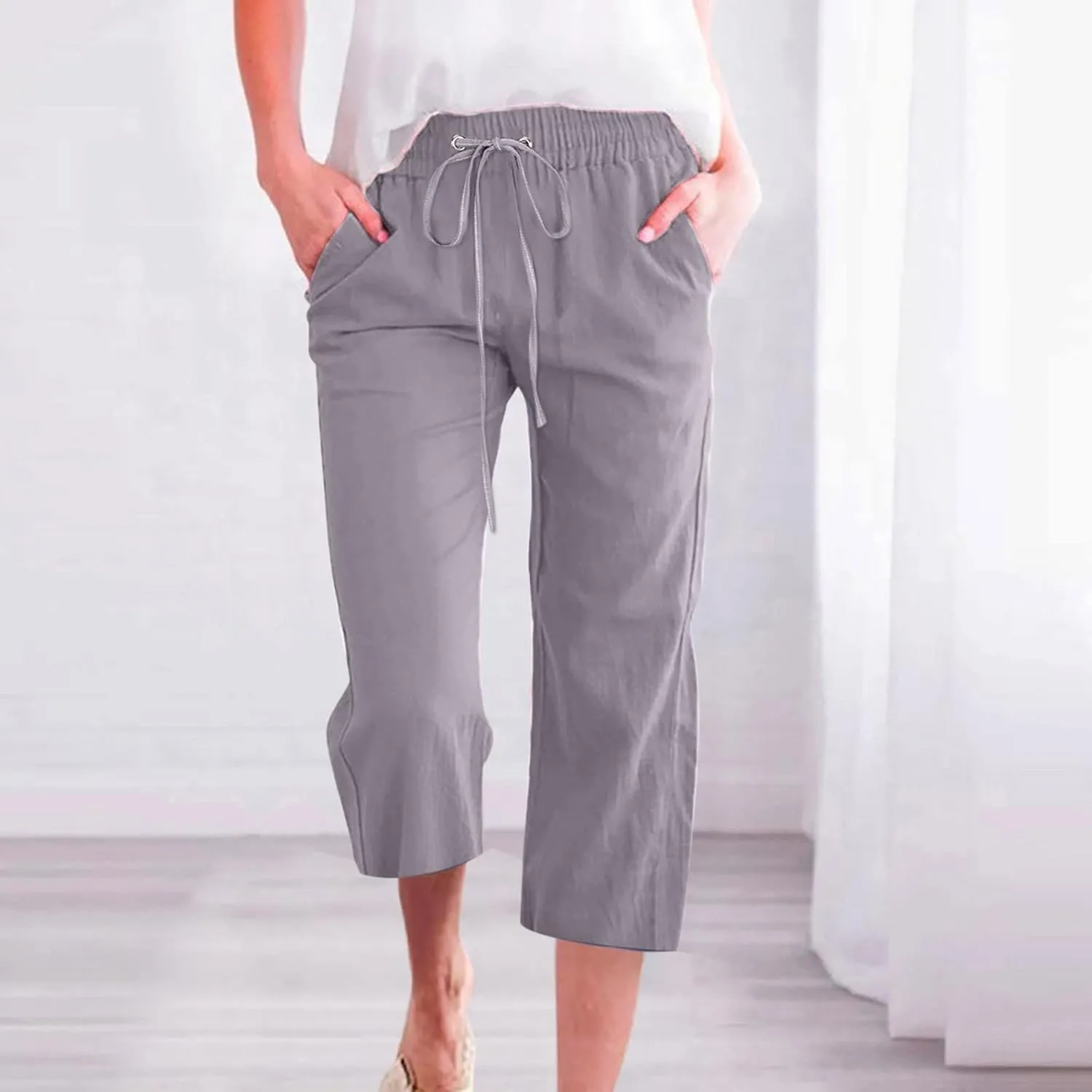 Capri Pants for Women 2025 Cotton Linen Casual Summer Pants Plus Size Drawstring Elastic Waist Capris with Pockets