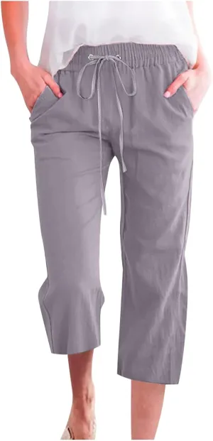 Capri Pants for Women 2025 Cotton Linen Casual Summer Pants Plus Size Drawstring Elastic Waist Capris with Pockets
