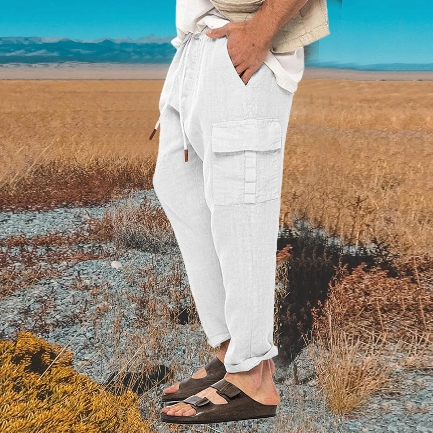 Casual Linen Pants for Men Elastic Drawstring Cargo Pants Straight Leg Slim Fit Sweatpants Lightweight Golf Sweatpant