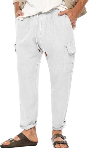 Casual Linen Pants for Men Elastic Drawstring Cargo Pants Straight Leg Slim Fit Sweatpants Lightweight Golf Sweatpant