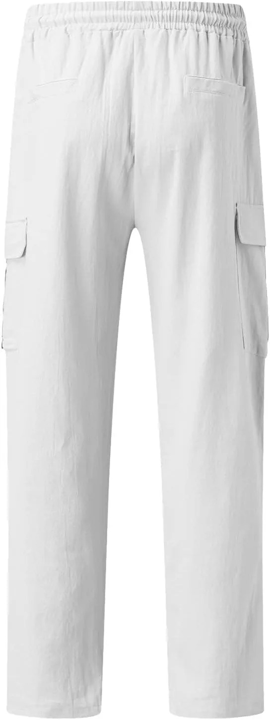 Casual Linen Pants for Men Elastic Drawstring Cargo Pants Straight Leg Slim Fit Sweatpants Lightweight Golf Sweatpant