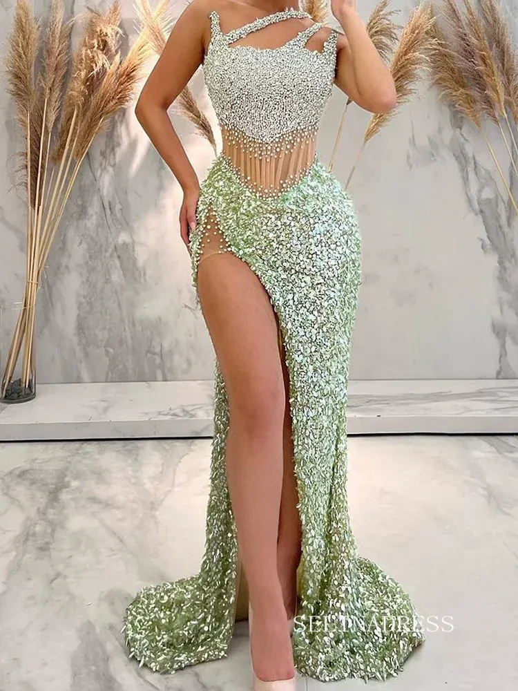 Chic Mermaid Long Prom Dresses Tulle Sage Sequins Evening Gowns sew0303