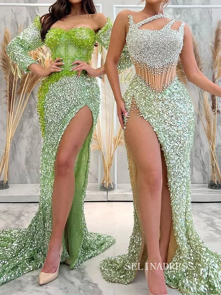 Chic Mermaid Long Prom Dresses Tulle Sage Sequins Evening Gowns sew0303