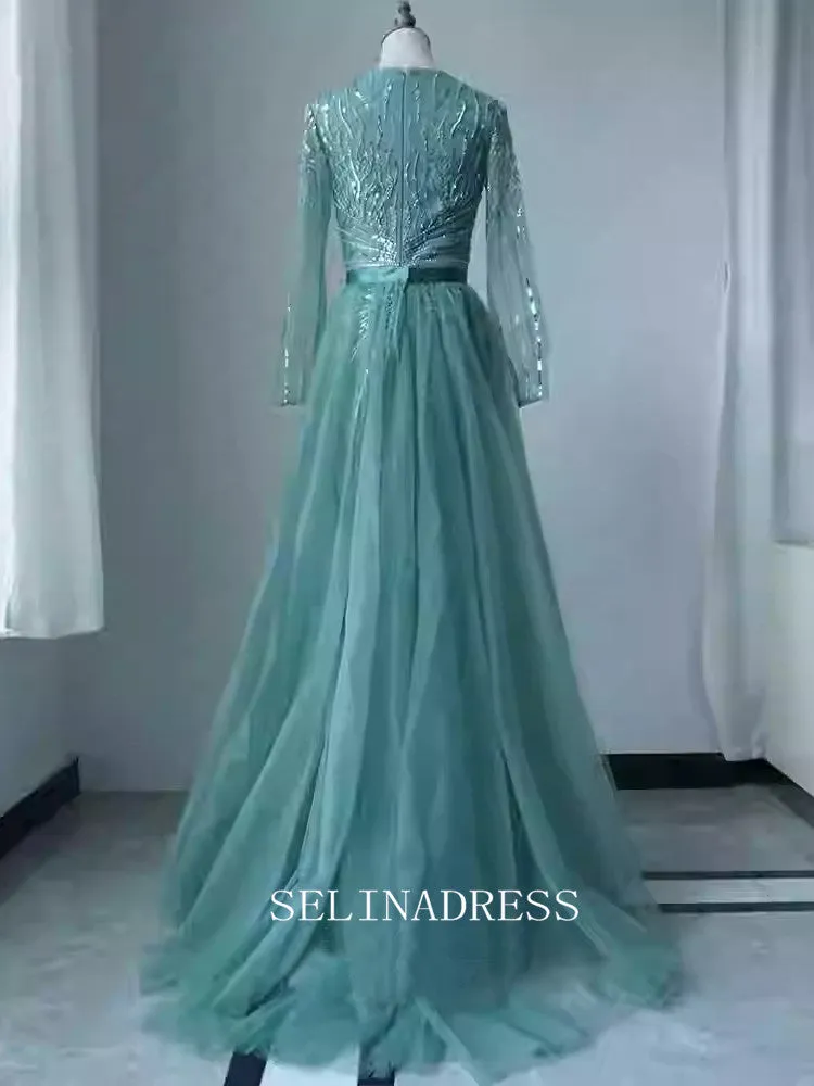 Chic Mermaid Long Sleeve Beaded Prom Dresses Elegant Evening Dress TKL3080