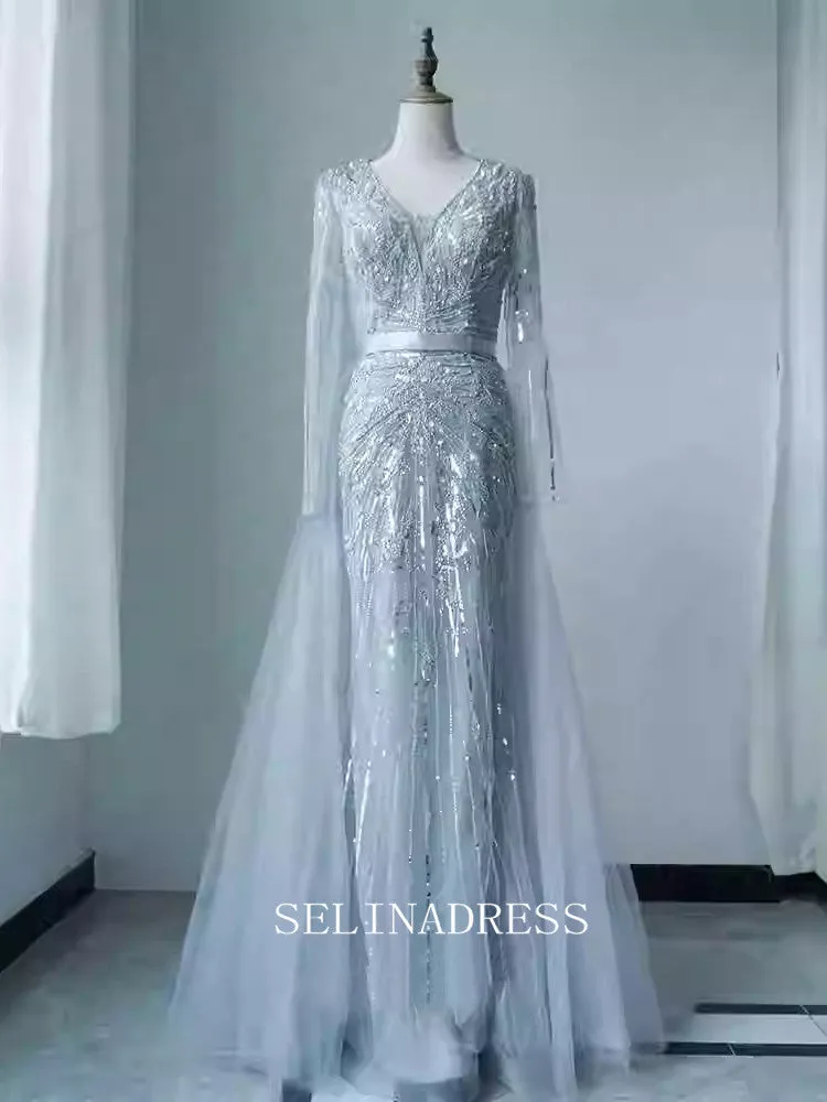 Chic Mermaid Long Sleeve Beaded Prom Dresses Elegant Evening Dress TKL3080