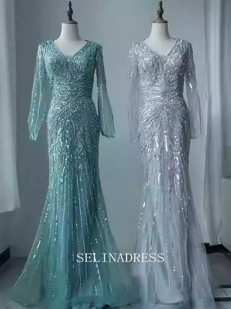 Chic Mermaid Long Sleeve Beaded Prom Dresses Elegant Evening Dress TKL3080