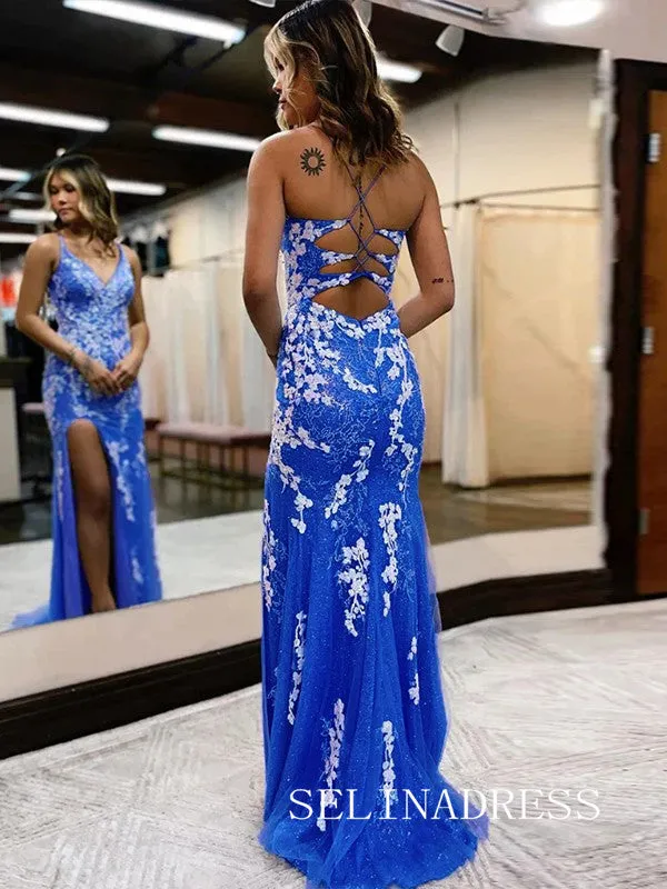 Chic Spaghetti Straps Mermaid Blue Lace Applique Prom Dresses Evening Dress JKL3007