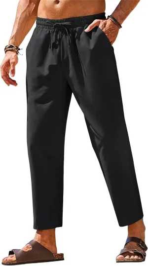 evzosrz Casual Beach Pants for Men Cotton Linen Summer Fashion Lightweight Yoga Trousers Drawstring Elastic Waist Lounge Pant
