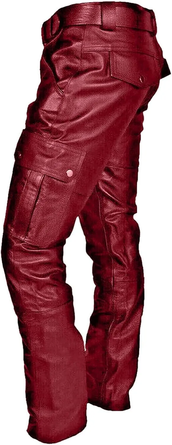 evzosrz Men's Faux Leather Pants Motorcycle Slim Fit Goth Steampunk Pants Sports Street Fall Winter Fashion Trousers