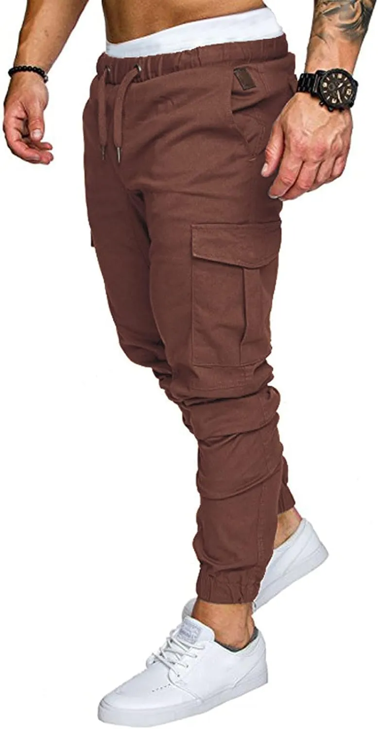 evzosrz Men's Jogger Pants Multi Pockets Sports Drawstring Trousers Elastic Waist Stretch Slim Fit Sports Cargo Pants