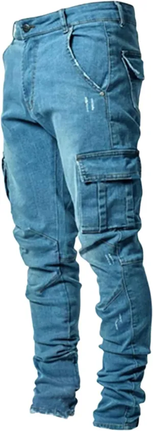 evzosrz Men's Slim Fit Jeans Multi Pockets Ripped Distressed Destroyed Stretch Skinny Denim Pants Fashion Denim Pants