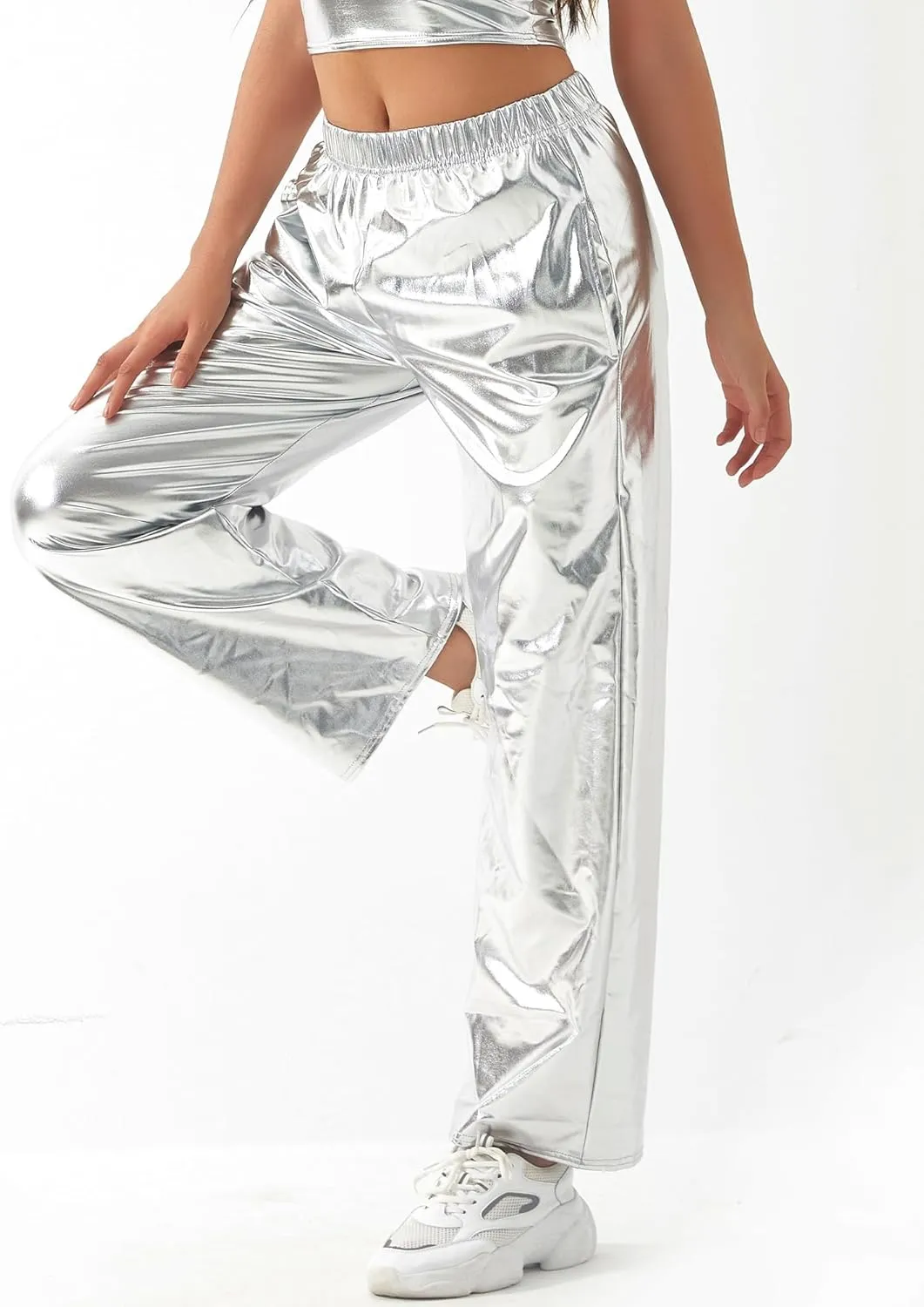 FEOYA Women's Shiny Metallic Rave Pants Elastic High Waist Wide Leg Trousers Hip Hop Disco Jogger Sweatpants Clubwear