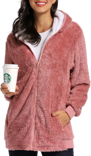 Fleece Coat for Women,Women's Oversized Zip Up Hooded Jacket Winter Plus Size Sherpa Coat