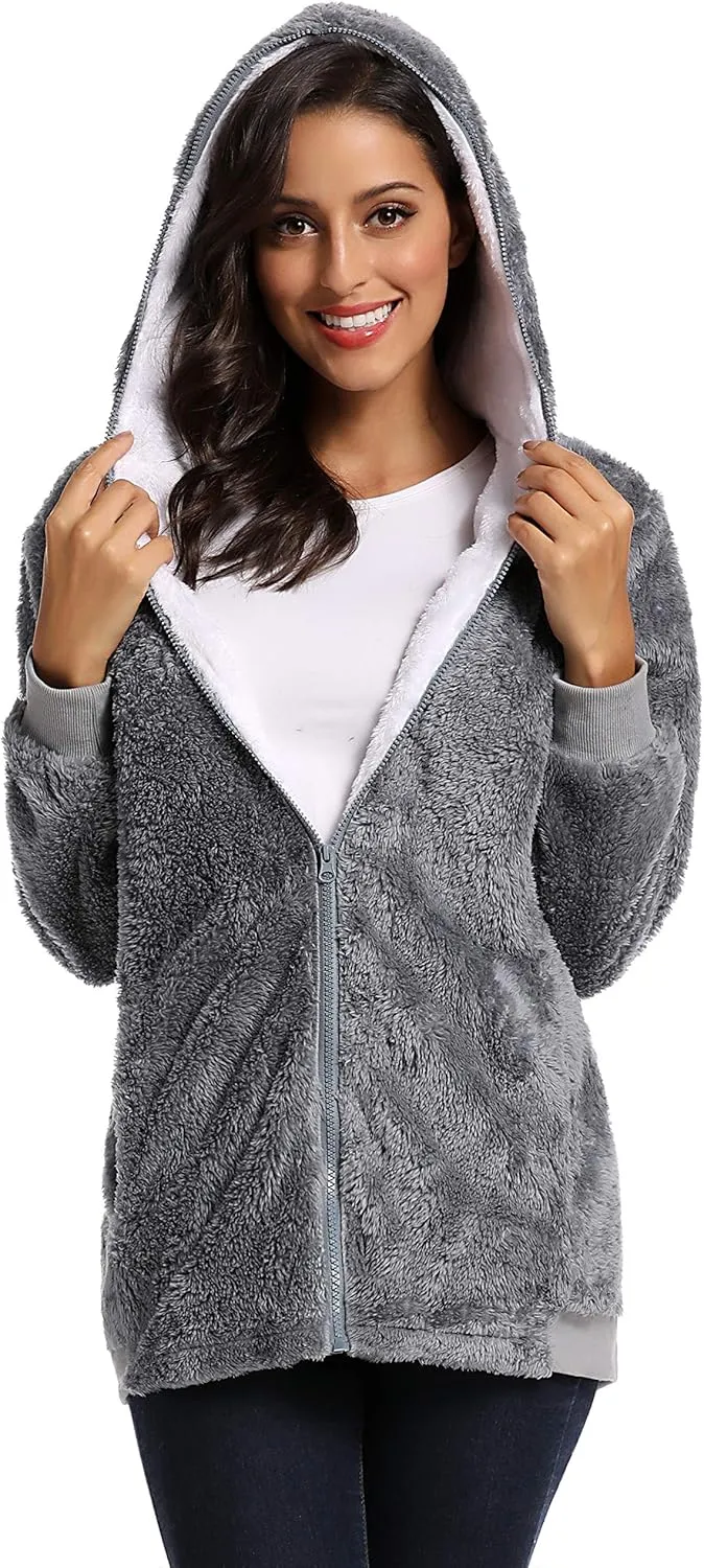 Fleece Coat for Women,Women's Oversized Zip Up Hooded Jacket Winter Plus Size Sherpa Coat