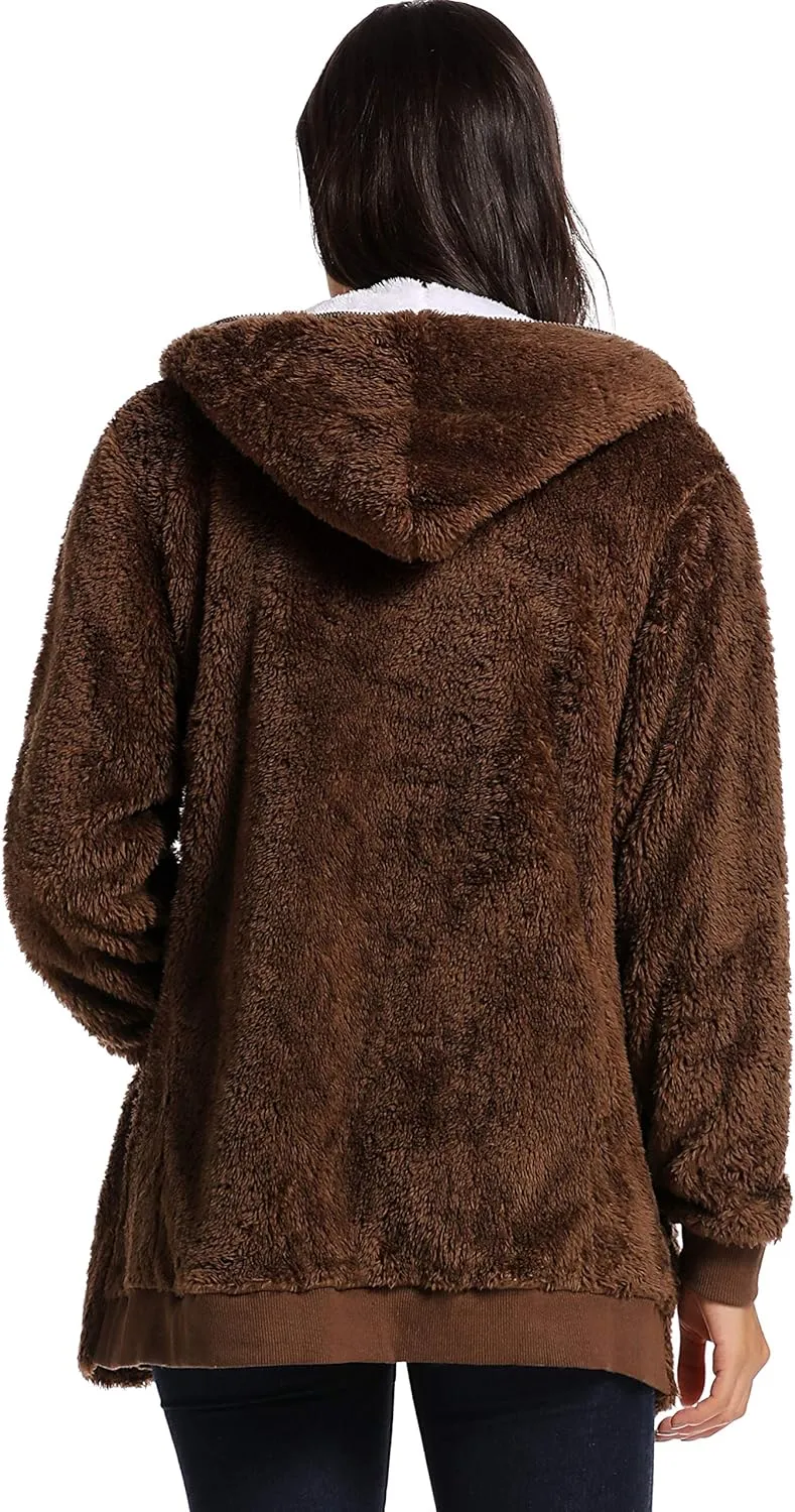 Fleece Coat for Women,Women's Oversized Zip Up Hooded Jacket Winter Plus Size Sherpa Coat