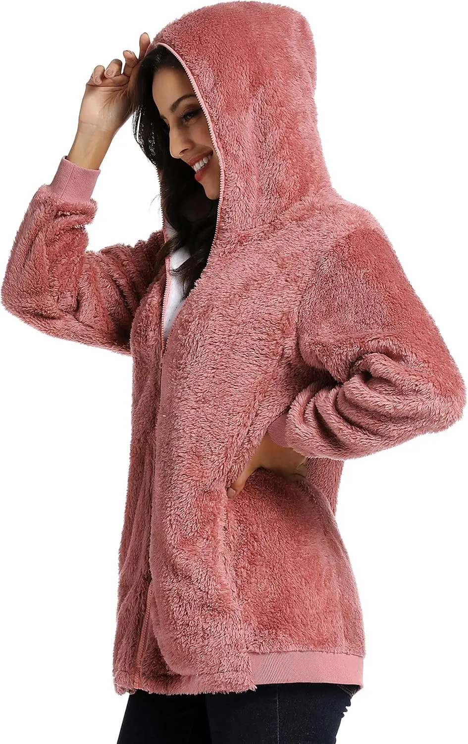 Fleece Coat for Women,Women's Oversized Zip Up Hooded Jacket Winter Plus Size Sherpa Coat