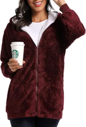 Fleece Coat for Women,Women's Oversized Zip Up Hooded Jacket Winter Plus Size Sherpa Coat