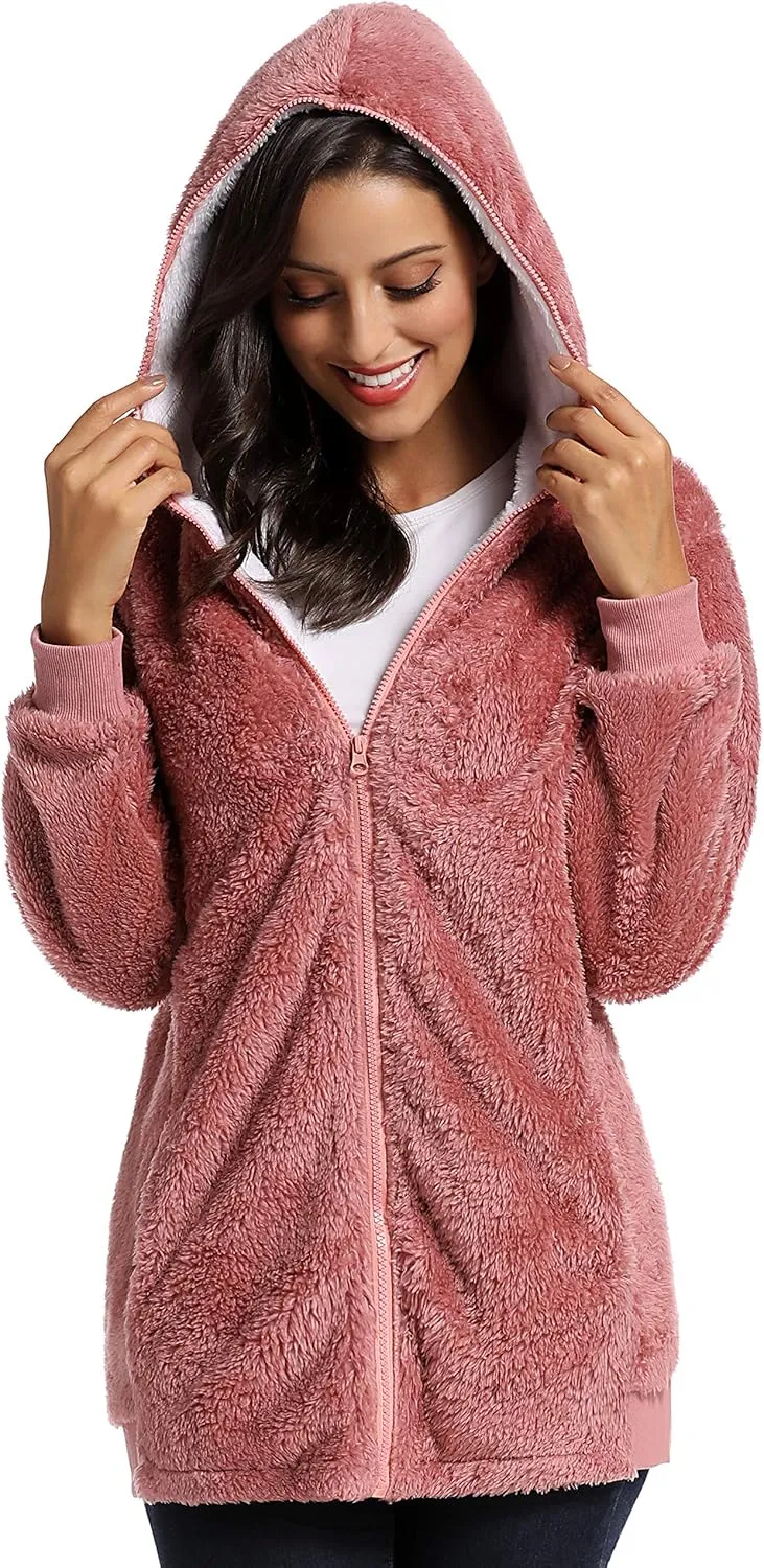Fleece Coat for Women,Women's Oversized Zip Up Hooded Jacket Winter Plus Size Sherpa Coat