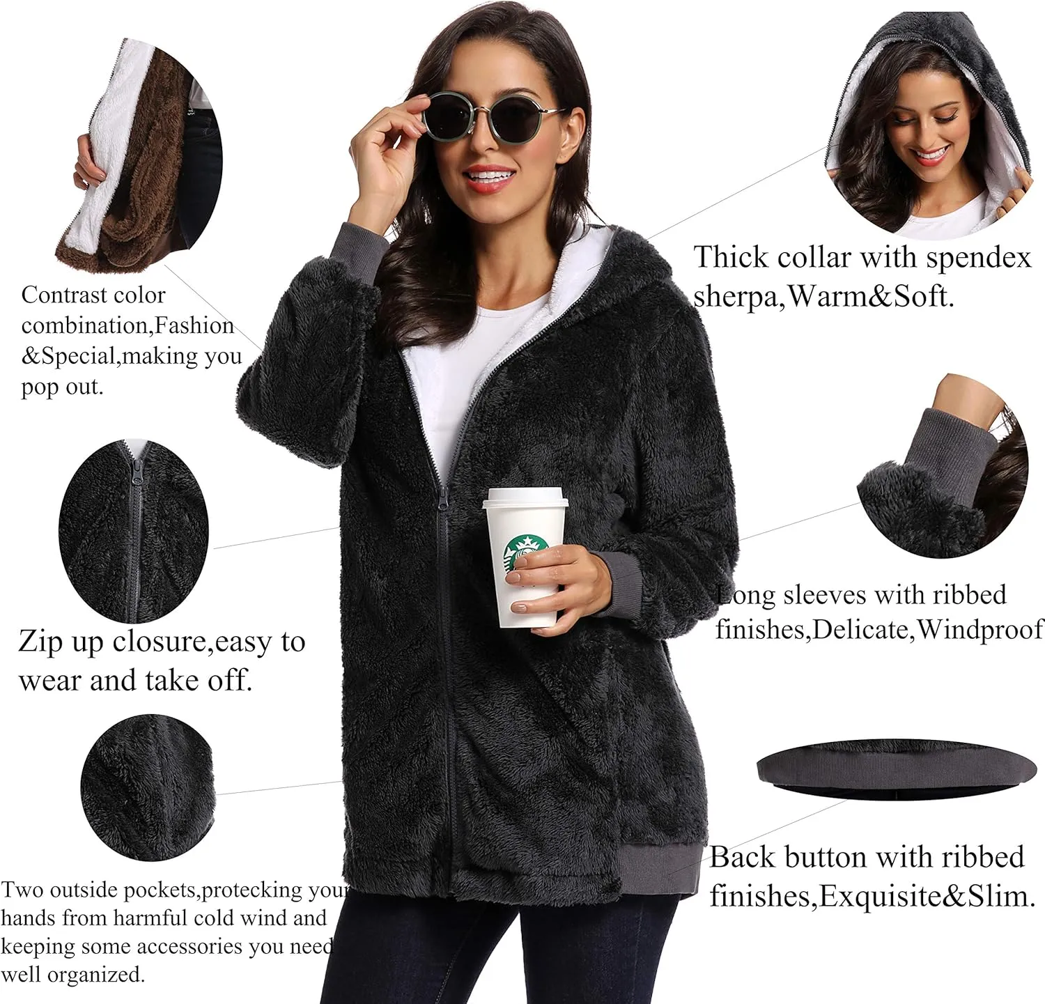 Fleece Coat for Women,Women's Oversized Zip Up Hooded Jacket Winter Plus Size Sherpa Coat