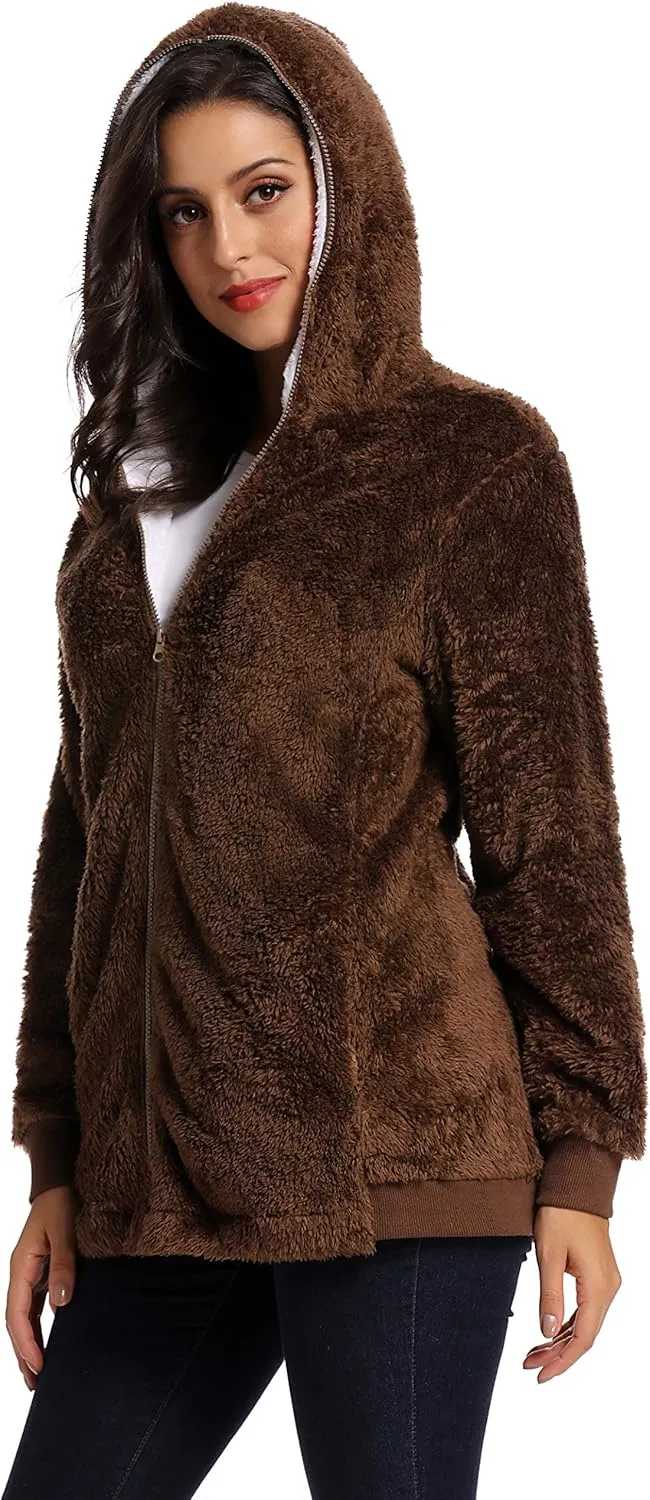 Fleece Coat for Women,Women's Oversized Zip Up Hooded Jacket Winter Plus Size Sherpa Coat