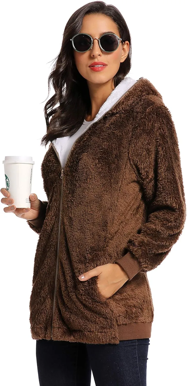 Fleece Coat for Women,Women's Oversized Zip Up Hooded Jacket Winter Plus Size Sherpa Coat
