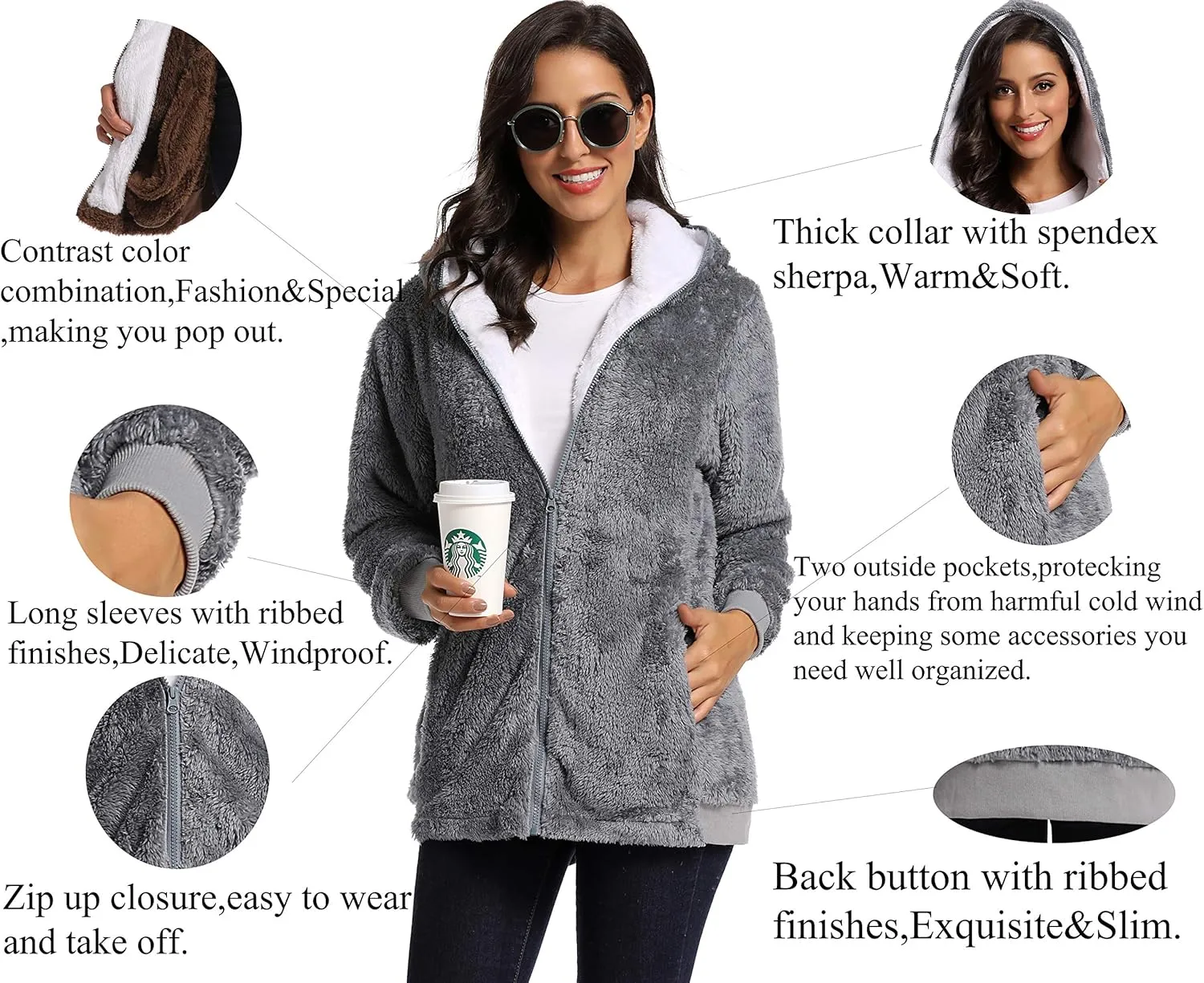 Fleece Coat for Women,Women's Oversized Zip Up Hooded Jacket Winter Plus Size Sherpa Coat