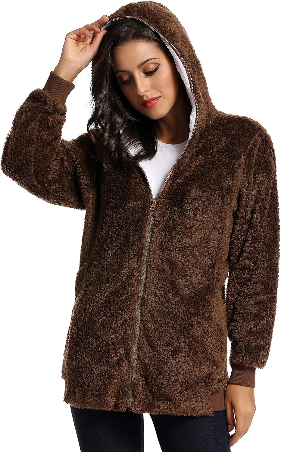 Fleece Coat for Women,Women's Oversized Zip Up Hooded Jacket Winter Plus Size Sherpa Coat