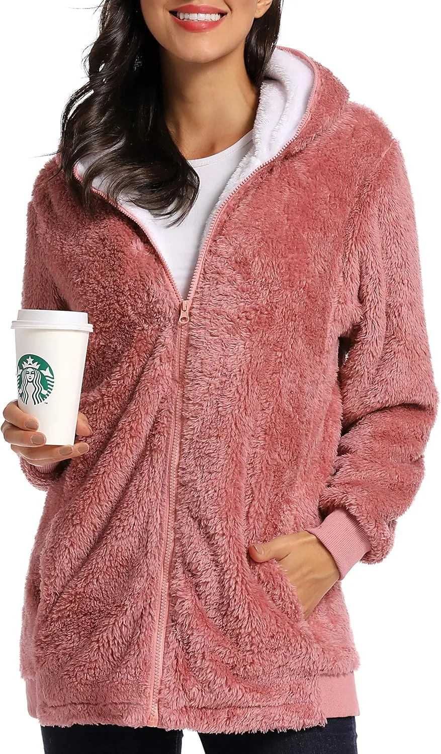 Fleece Coat for Women,Women's Oversized Zip Up Hooded Jacket Winter Plus Size Sherpa Coat